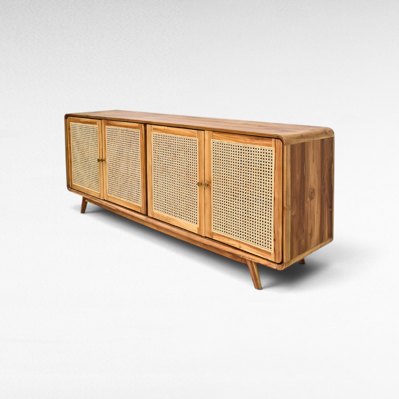 Chora Barefoot Luxury Living Viennesse rattan buffet cabinet with four doors and warm wood finish