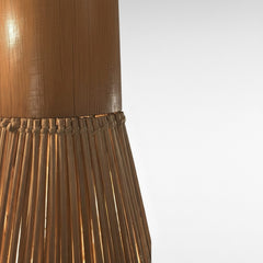 Chora Barefoot Luxury Living conical pendant light made of natural rattan and teak wood with vertical slats and a rope accent.
