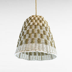 Chora Barefoot Luxury Living dome-shaped pendant light with woven synthetic rattan in a checkered pattern of white and natural tones.