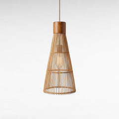 Chora Barefoot Luxury Living conical pendant light, natural rattan and teak wood, 55cm H x 25cm W, with visible bulb.