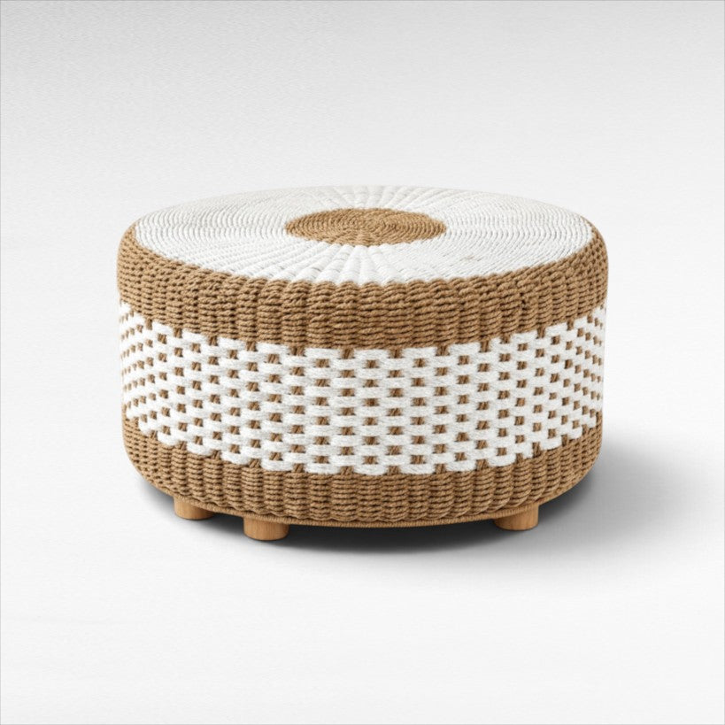 Chora Barefoot Luxury Living round synthetic rattan stool in natural and white woven pattern with wooden feet