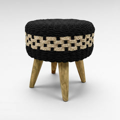Chora Barefoot Luxury Living white and natural two-tone braided rattan stool with wood legs