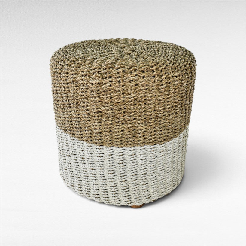 Chora Barefoot Luxury Living round stool made of woven natural and white synthetic rattan, 40cm diameter, 47cm height.