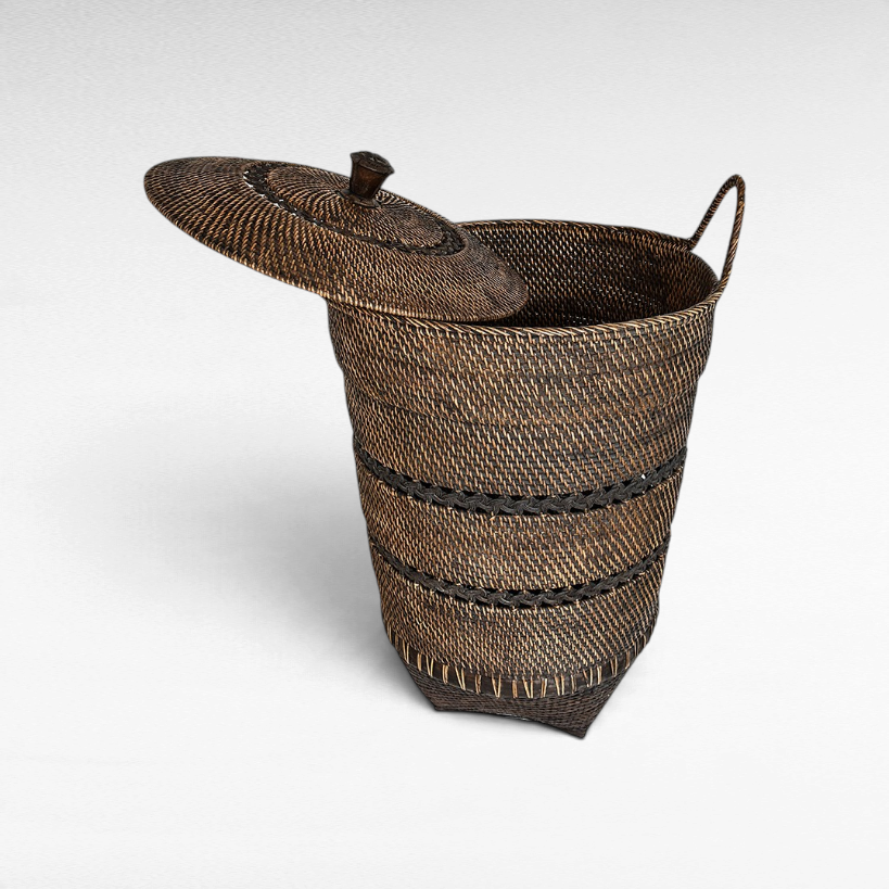 Chora Barefoot Luxury Living dark brown woven rattan storage basket with a lid and side handles