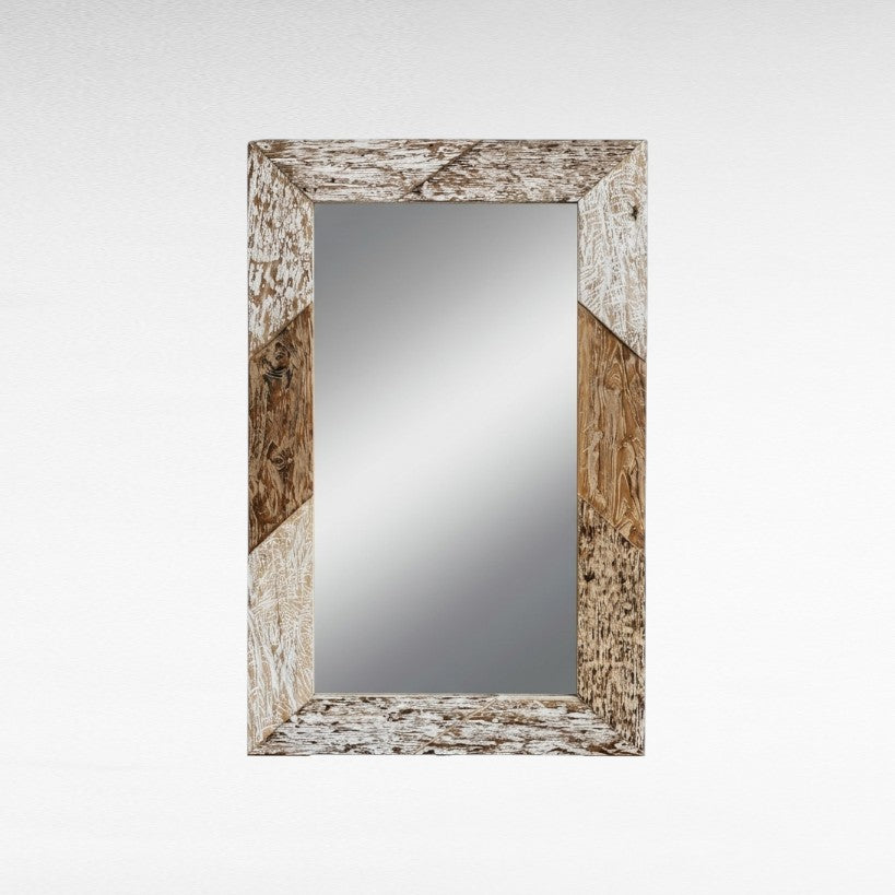 Chora Barefoot Luxury Living reclaimed teak wood mirror with natural grain and white distressed finish. Vertical 60x120cm.