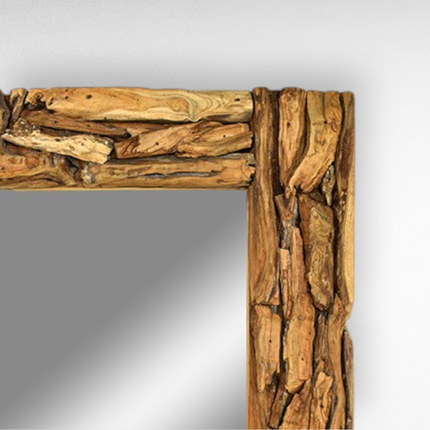 Chora Barefoot Luxury Living reclaimed teak wood mirror with natural, rustic frame. Rectangular shape.