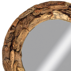 Chora Barefoot Luxury Living round mirror with a rustic frame made from textured recycled teak wood pieces