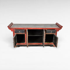 Chora Barefoot Luxury Living red and black distressed wood buffet with 3 doors and 2 drawers