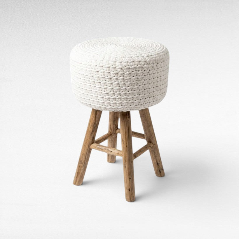 Chora Barefoot Luxury Living off-white rope stool with a textured woven seat and rustic oak wood legs.