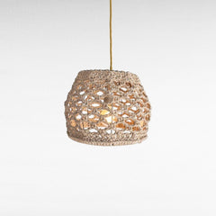 Chora Barefoot Luxury Living natural fiber pendant lamp with geometrical weaving pattern, beige rope, 40cm diameter.