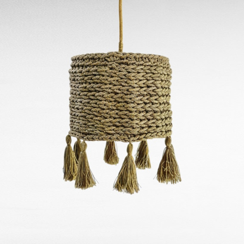 Chora Barefoot Luxury Living natural cream cotton rope pendant lamp with braided texture and tassels