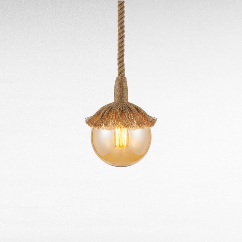 Chora Barefoot Luxury Living natural twisted cotton rope pendant light with amber glass globe