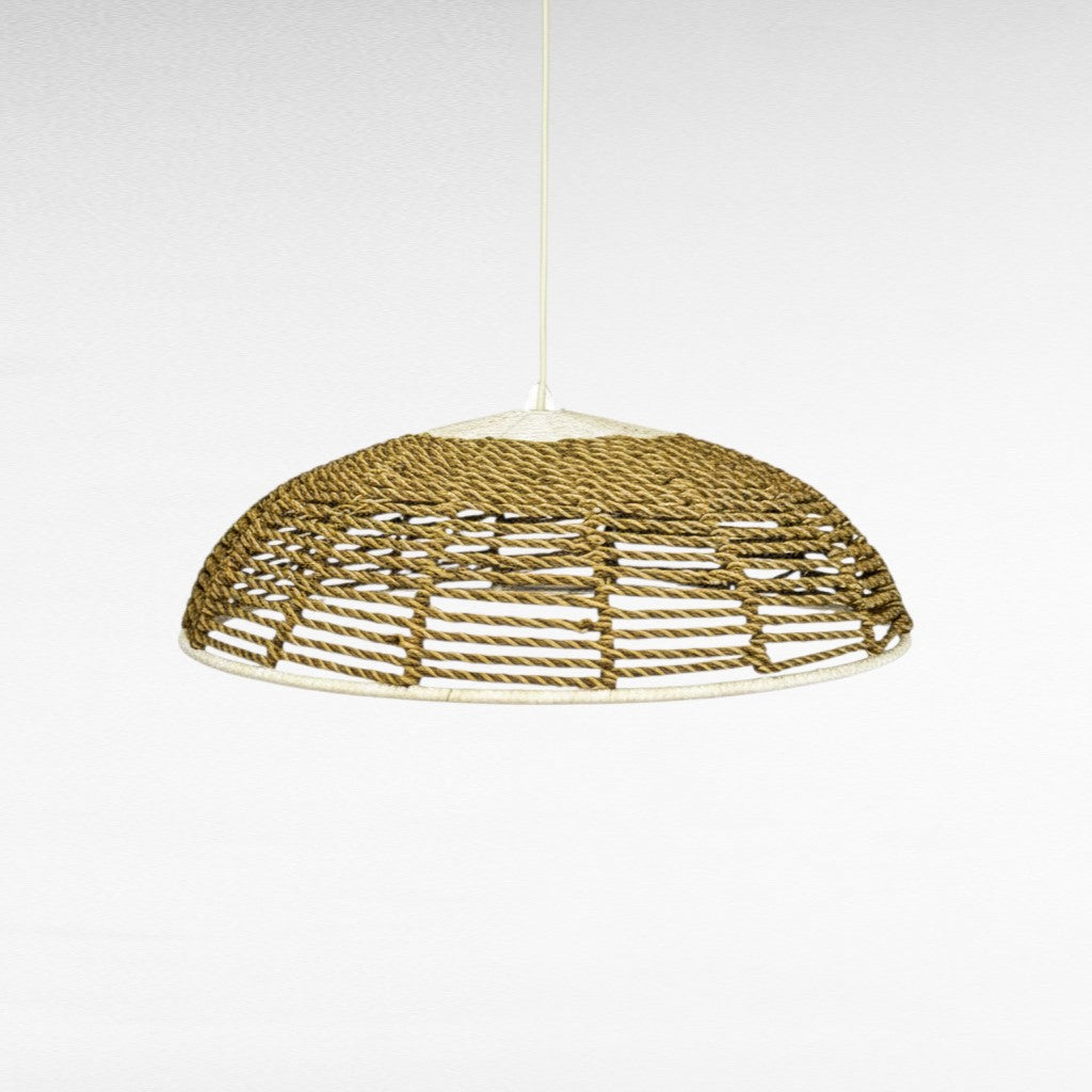 Chora Barefoot Luxury Living handmade dome pendant light with natural rope and white accents, 100cm diameter, 30cm height.