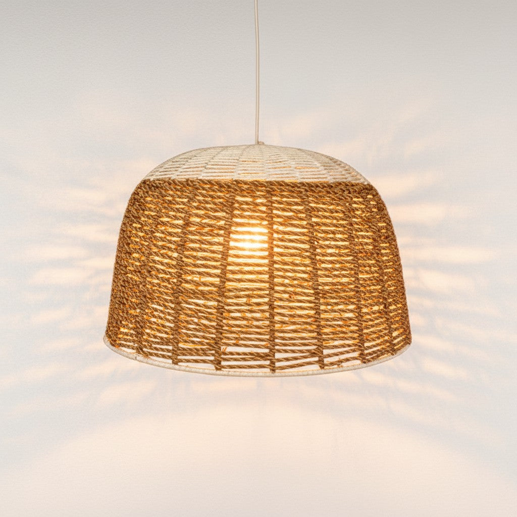 Chora Barefoot Luxury Living handmade pendant light, natural and off-white rope, dome shape, 100cm diameter, 70cm height.