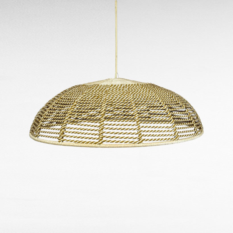Chora Barefoot Luxury Living handmade pendant light, natural and off-white rope, dome shape, 100cm diameter, 30cm height.