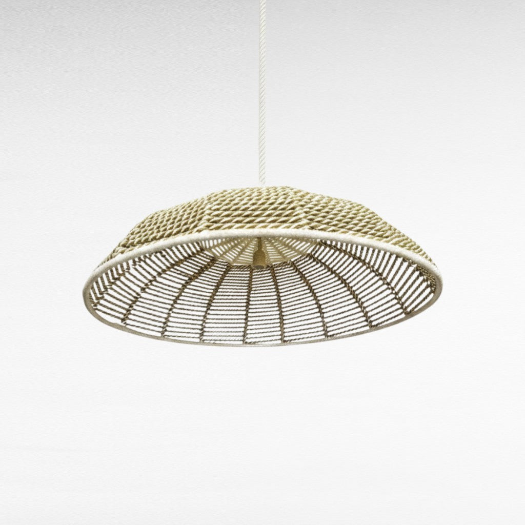 Chora Barefoot Luxury Living handmade natural & off-white rope pendant light, 100cm diameter, 30cm height, dome shape.