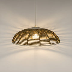Chora Barefoot Luxury Living handmade natural rope pendant light with a wide dome shape casting soft shadows