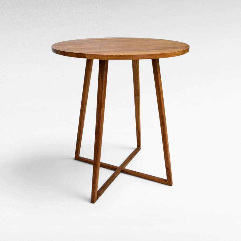 Chora Barefoot Luxury Living contemporary round wooden bar table with a minimalist cross-base design