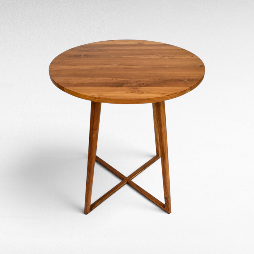 Chora Barefoot Luxury Living circular wooden bar table with a 100cm diameter top and cross-base design