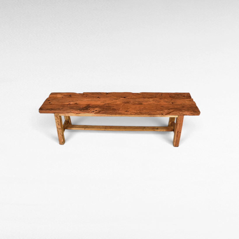 Chora Barefoot Luxury Living rustic solid teak wood bench with a distressed finish and natural organic grain patterns.