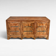 Chora Barefoot Luxury Living rustic wood buffet with three doors, metal accents, and carved details. W170 D45 H80 cm.
