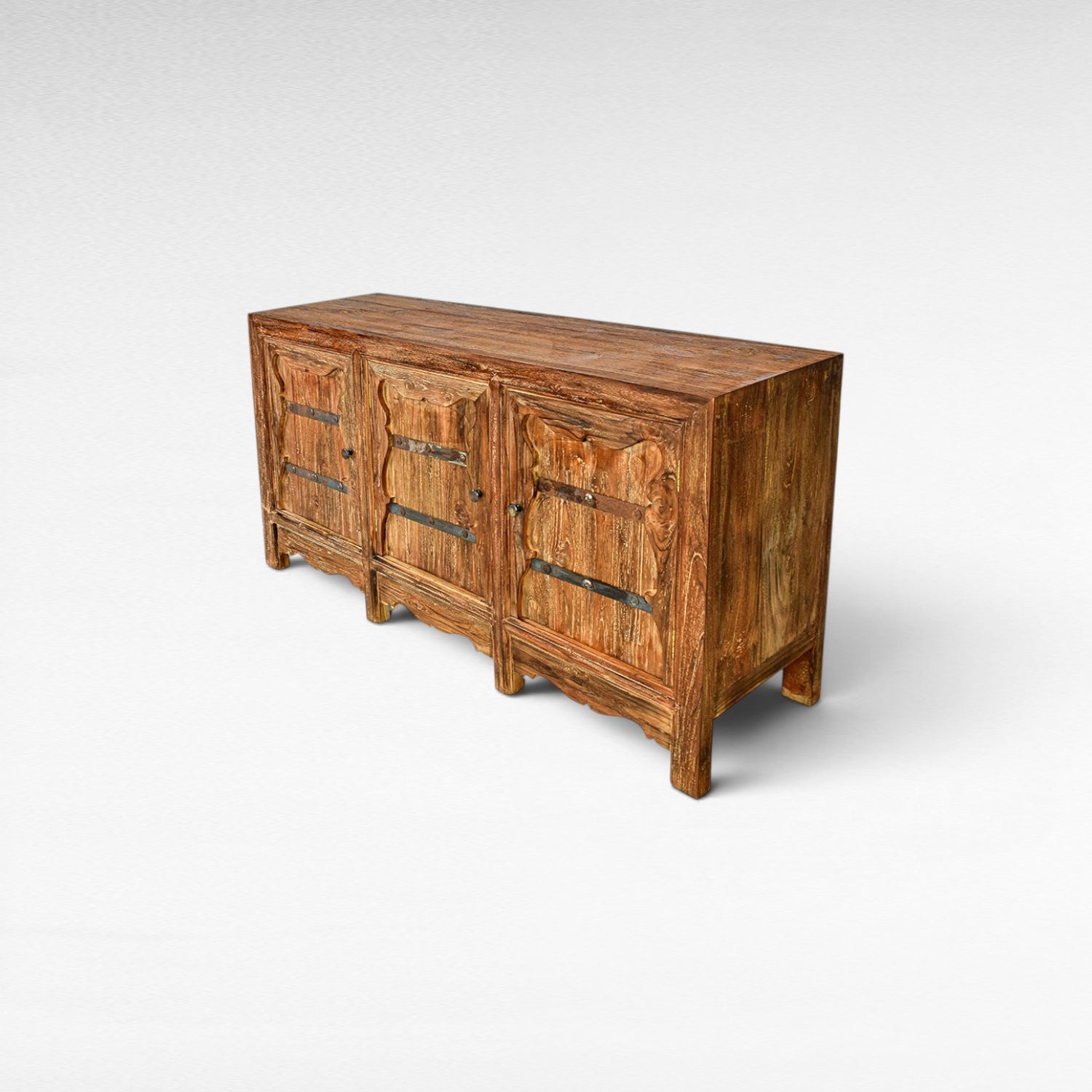 Chora Barefoot Luxury Living rustic wood buffet with three doors, metal accents, and carved details.