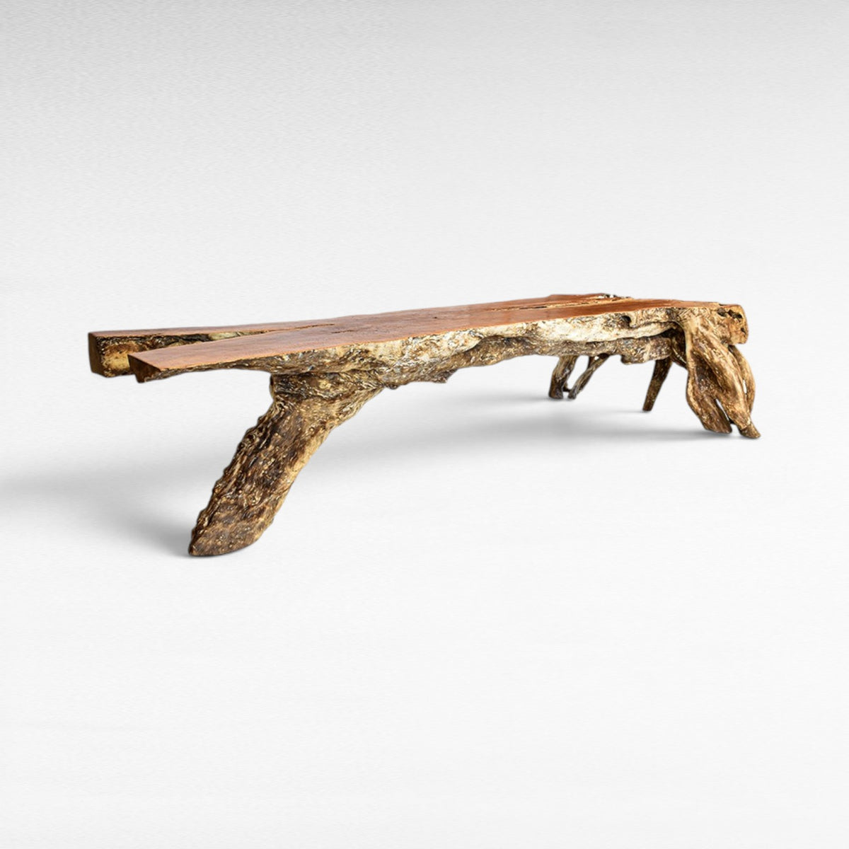 Chora Barefoot Luxury Living rustic wood console table with live edge and natural root base.
