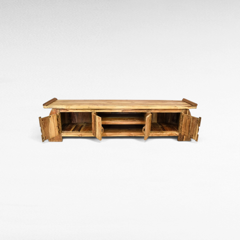 Chora Barefoot Luxury Living rustic wooden sideboard with open shelving and cupboard storage in natural wood finish.