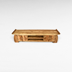 Chora Barefoot Luxury Living rustic wooden sideboard with natural grain, open shelving, and cupboard storage.
