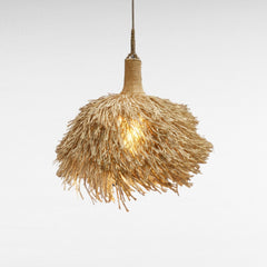 Chora Barefoot Luxury Living Shaggy Raffia Pendant Light, natural straw tone, synthetic raffia, boho sculptural style.