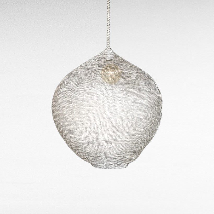Chora Barefoot Luxury Living silver wire pendant light, handwoven round shape, architectural design, ambient lighting.