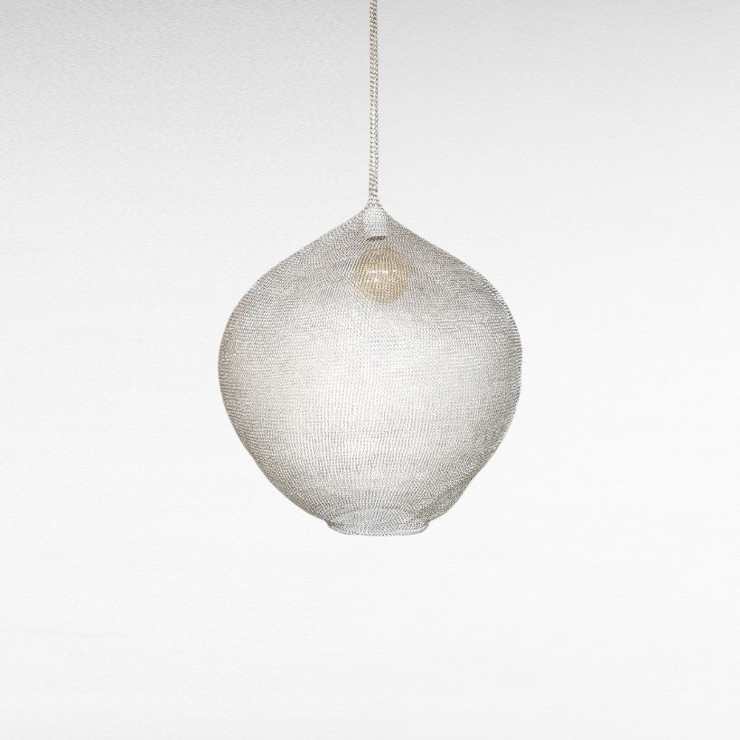 Chora Barefoot Luxury Living silver wire pendant light, handwoven round shape, matte finish, architectural design.