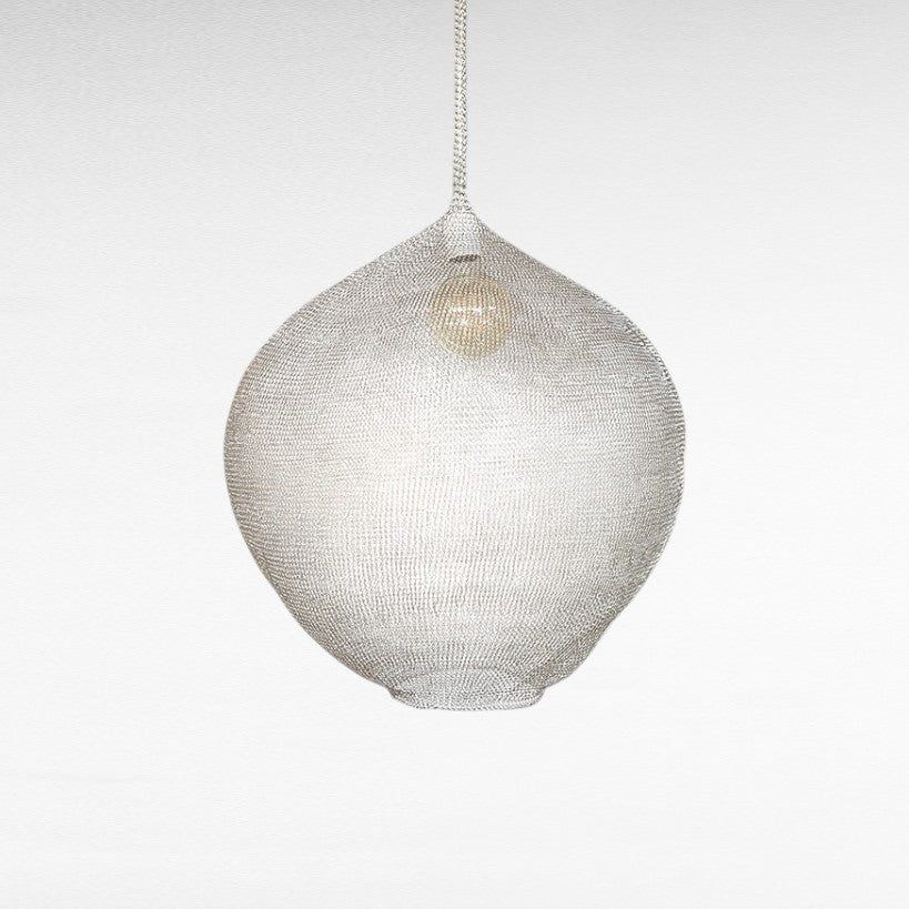 Chora Barefoot Luxury Living silver wire pendant light, handwoven round shape, architectural presence, ambient light