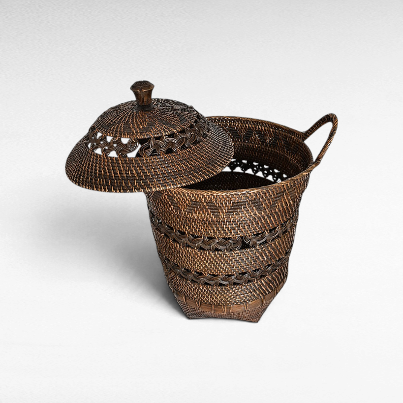 Chora Barefoot Luxury Living small dark brown woven rattan basket with a decorative lid and side handle
