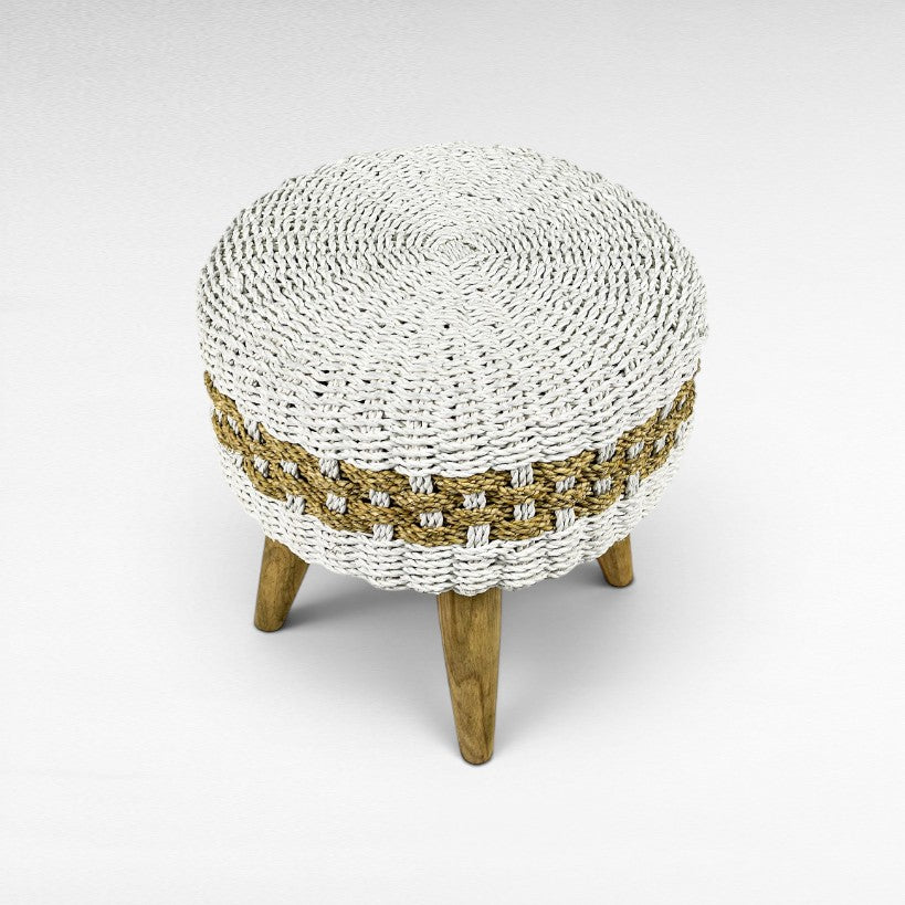 Chora Barefoot Luxury Living round woven stool with white and natural raffia, 40cm height, wooden legs