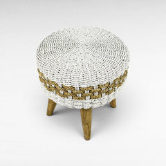 Chora Barefoot Luxury Living round woven stool with white and natural raffia, 40cm height, wooden legs