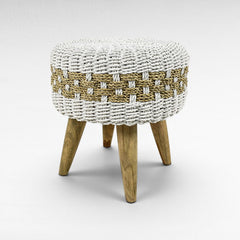 Chora Barefoot Luxury Living round woven stool with white and natural jute, 40cm height, on wooden legs