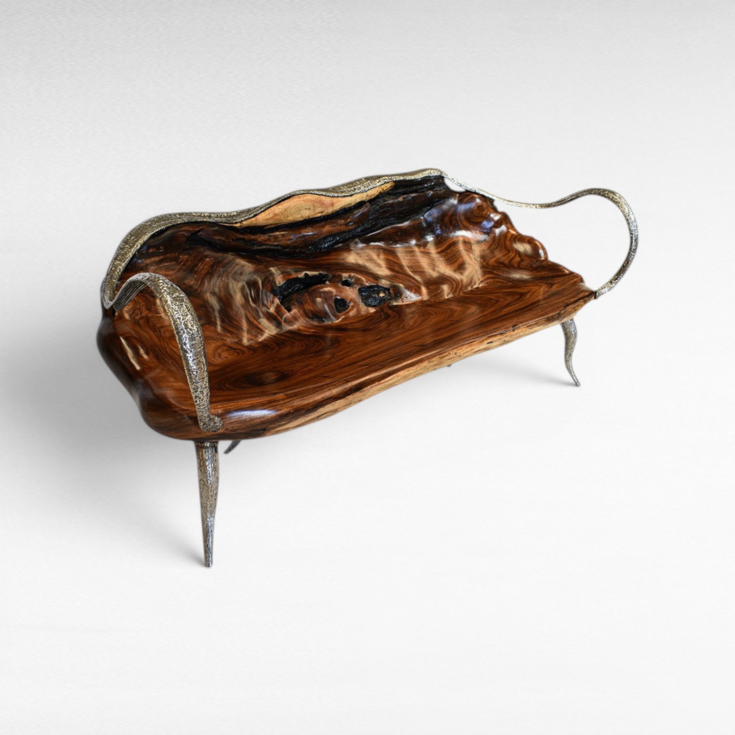 Chora Barefoot Luxury Living suar wood bench with unique grain and black & silver stainless steel frame and legs.