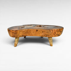 Chora Barefoot Luxury Living natural suar wood coffee table with glass inlays and unique live edge design.