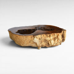 Chora Barefoot Luxury Living natural suar wood coffee table with hollow center and rough bark edge. Natural wood grain and warm tones.