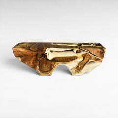 Chora Barefoot Luxury Living natural and bleached suar wood console table with organic, carved details.