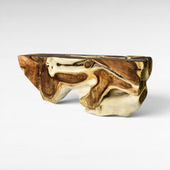 Chora Barefoot Luxury Living bleached and natural suar wood console table with organic, carved details.