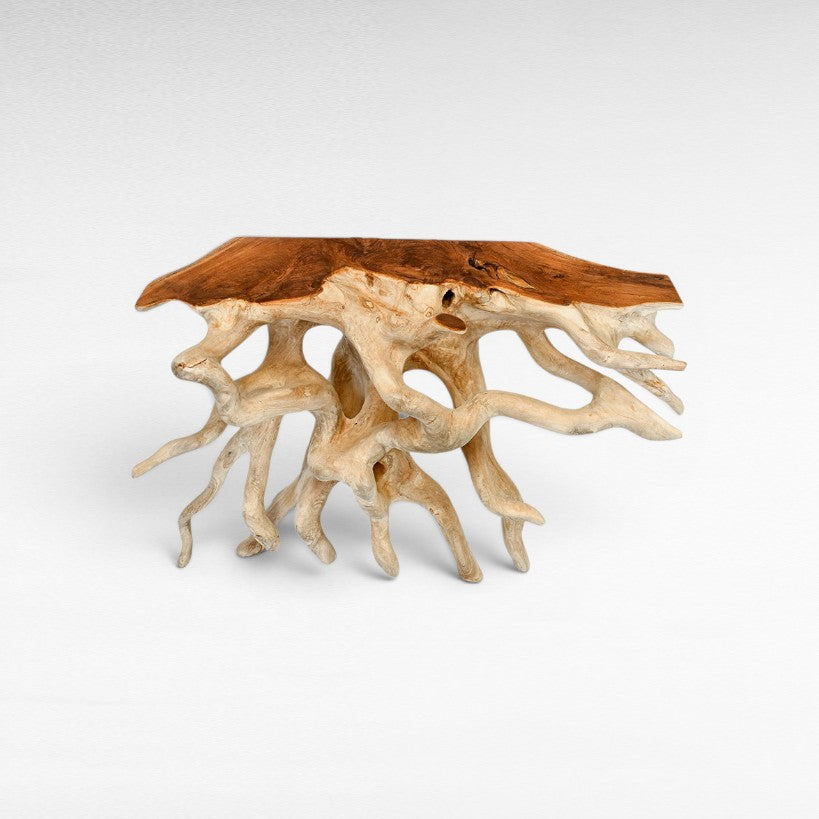 Chora Barefoot Luxury Living console table made of natural suar wood with a live edge top and intricate root base.