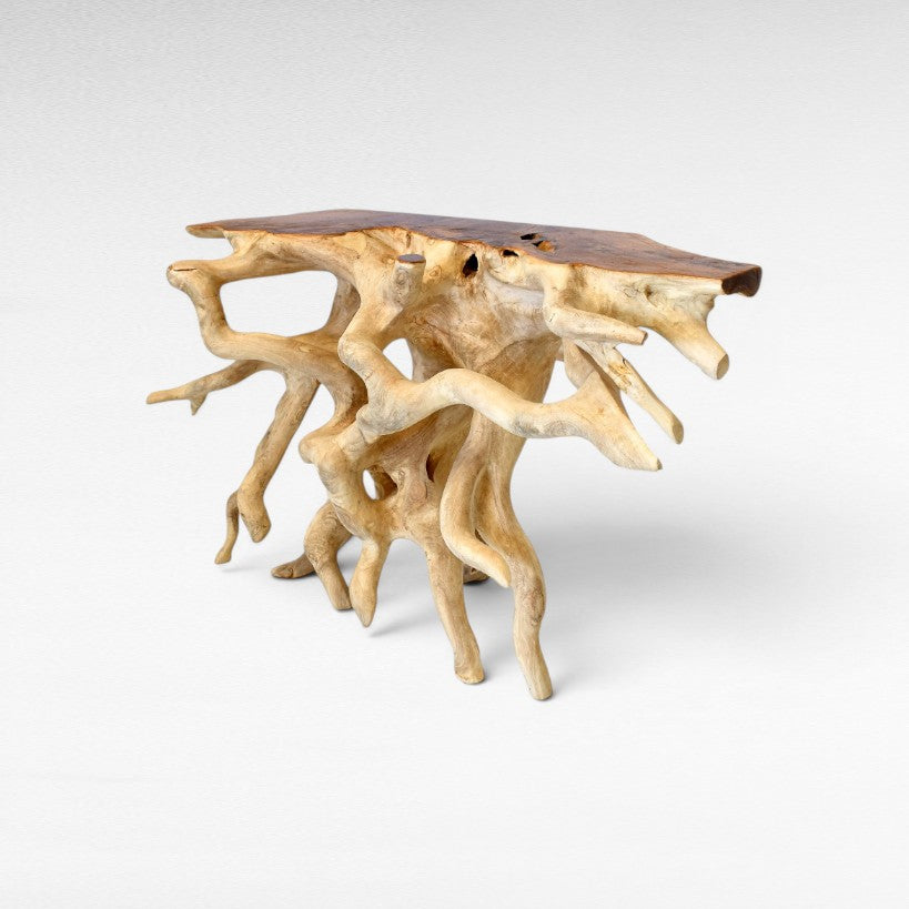 Chora Barefoot Luxury Living natural suar wood console table with intricate root base and live edge top.