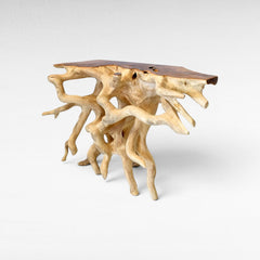 Chora Barefoot Luxury Living natural suar wood console table with intricate root base and live edge top.