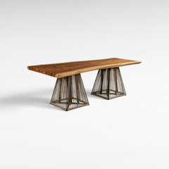 Chora Barefoot Luxury Living natural suar wood dining table with two unique geometric cotton rope pedestal bases.