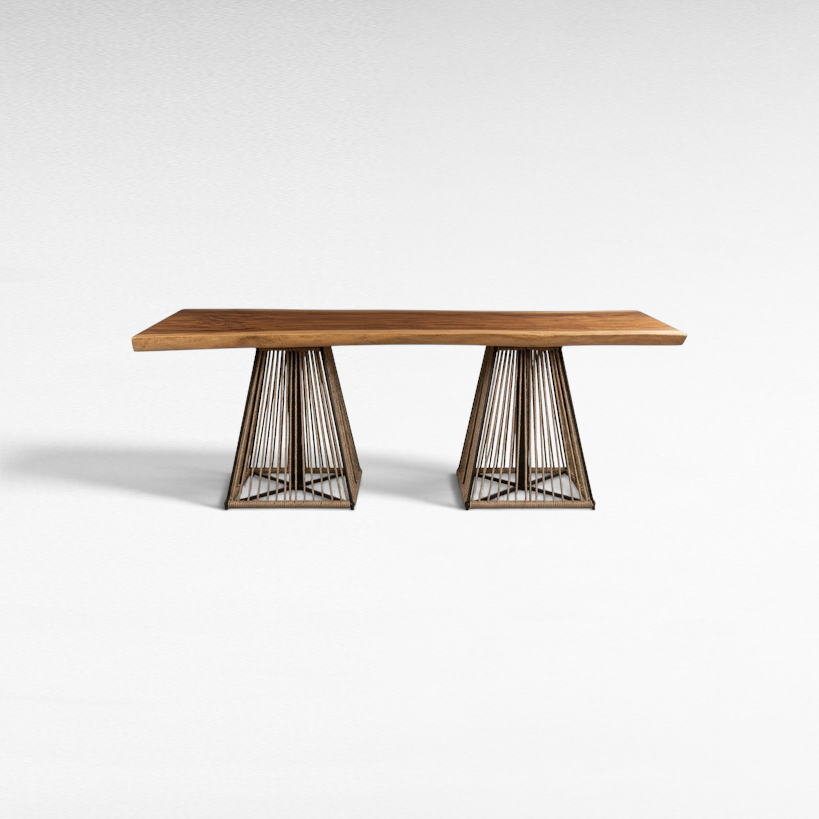 Chora Barefoot Luxury Living natural suar wood dining table with two unique tapered cotton rope legs