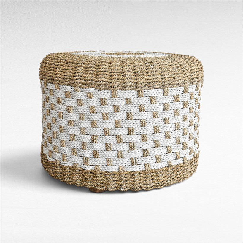 Chora Barefoot Luxury Living round stool in natural and white woven synthetic rattan with a textured basketweave design