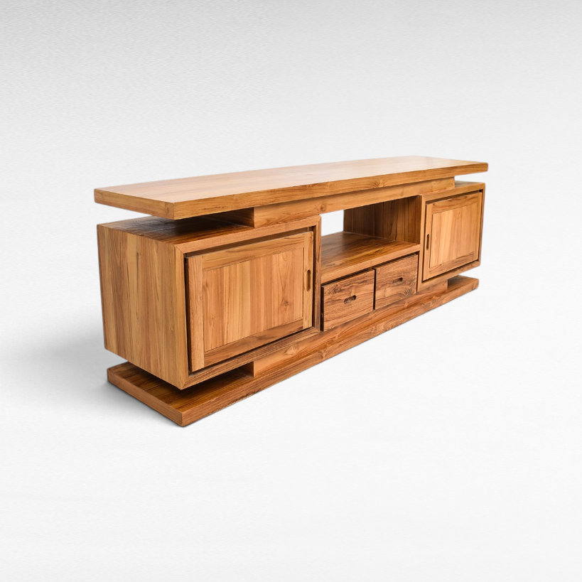 Chora Barefoot Luxury Living wooden buffet cabinet with modern tiered design, two cabinets, and two central drawers.