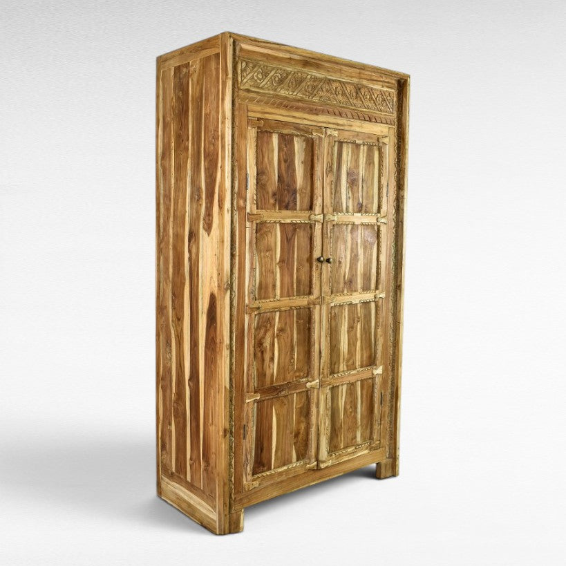 Chora Barefoot Luxury Living teak cabinet with carved details and paneled doors, W120 x D60 x H220 cm